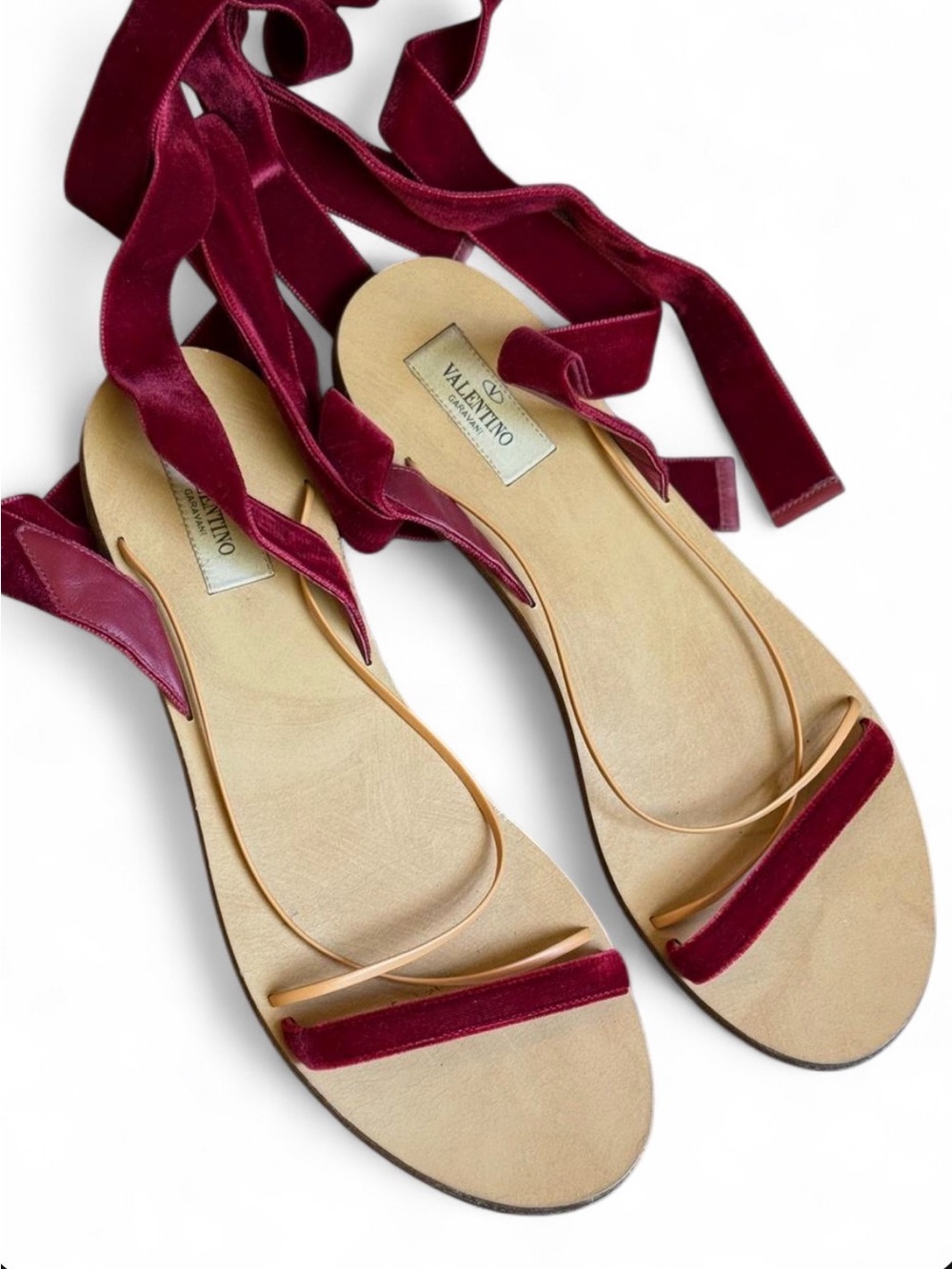 Valentino Burgundy Velvet Tie-Up Flat Sandals